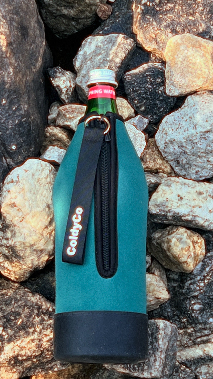ColdyCo neoprene sleeve keeping glass water bottle cold — microplastic-free hydration