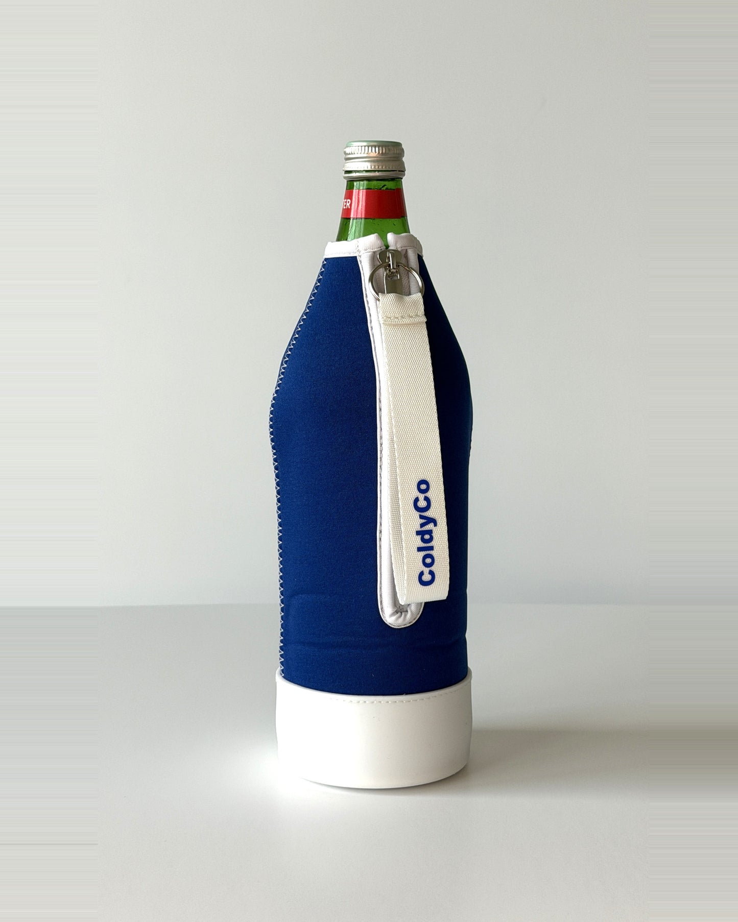 ColdyCo water bottle carrier in Blue and White on a 1-liter glass bottle