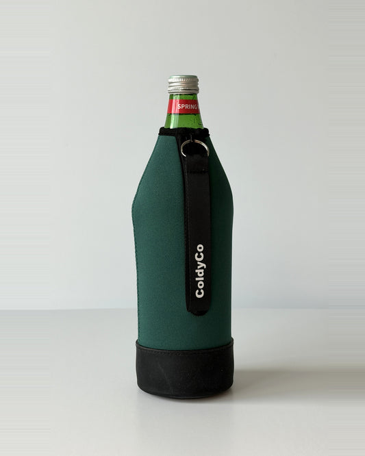 ColdyCo water bottle carrier in Forest Green on a 1-liter glass bottle
