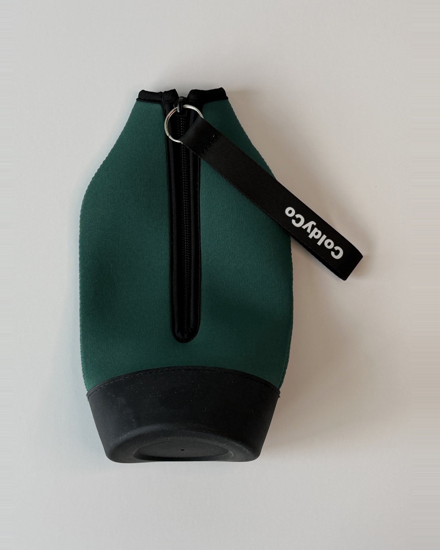 ColdyCo Forest Green carrier laid flat, showing the full-length zip and rubber base