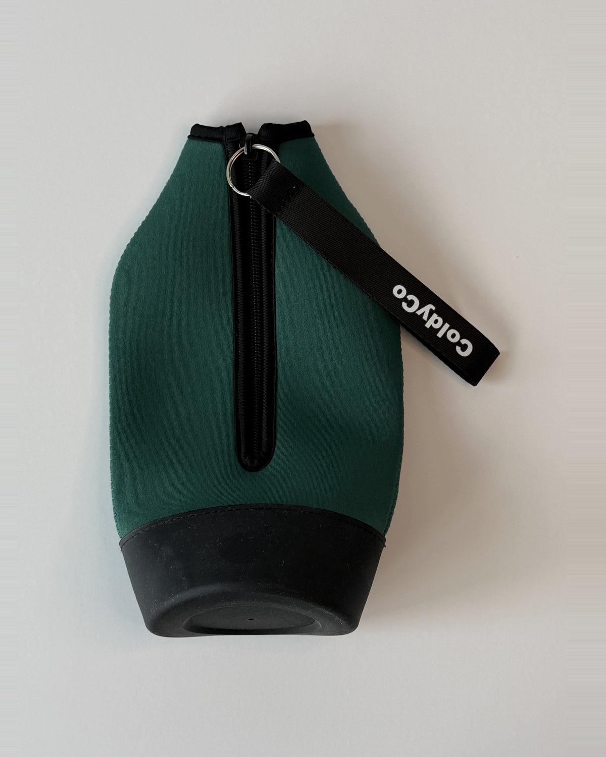 ColdyCo Forest Green carrier laid flat, showing the full-length zip and rubber base