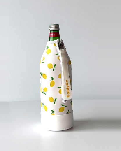ColdyCo water bottle carrier in Lemon Print on a 1-liter glass bottle