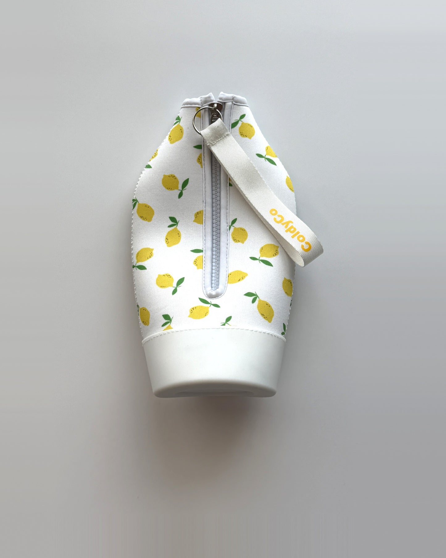 ColdyCo Lemon Print carrier laid flat, showing the full-length zip and white base