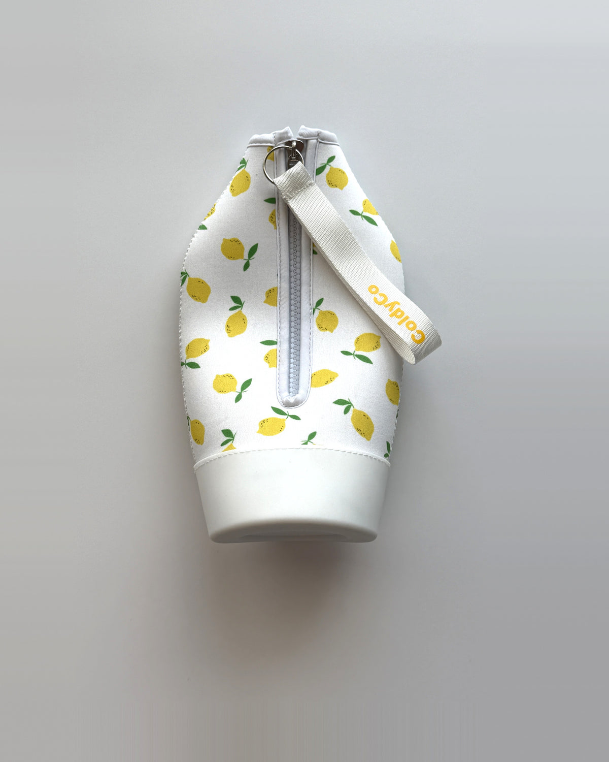 ColdyCo Lemon Print carrier laid flat, showing the full-length zip and white base