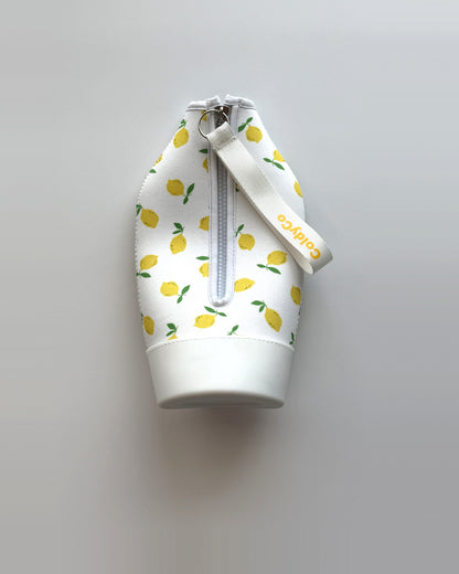 ColdyCo Lemon Print carrier laid flat, showing the full-length zip and white base