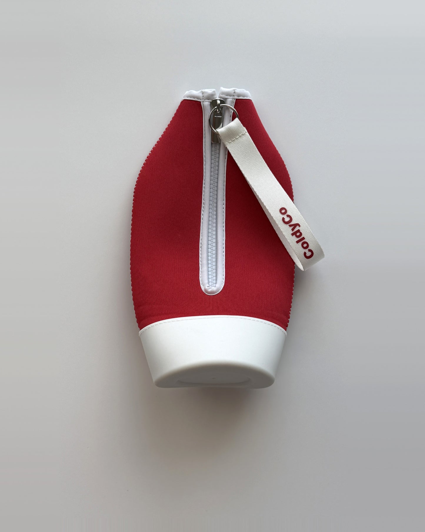 ColdyCo Red and White carrier laid flat, showing the full-length zip and white base