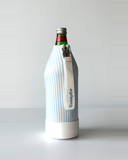 ColdyCo water bottle carrier in Sky Blue Stripe on a 1-liter glass bottle