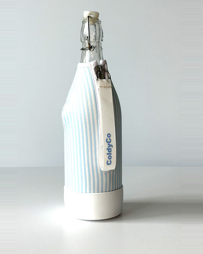 ColdyCo Sky Blue Stripe bottle carrier holding a swing-top glass bottle, side view