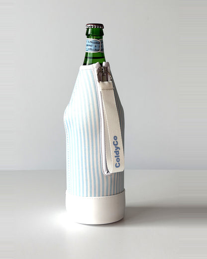 ColdyCo Sky Blue Stripe neoprene sleeve with wrist strap on a 1-liter glass bottle
