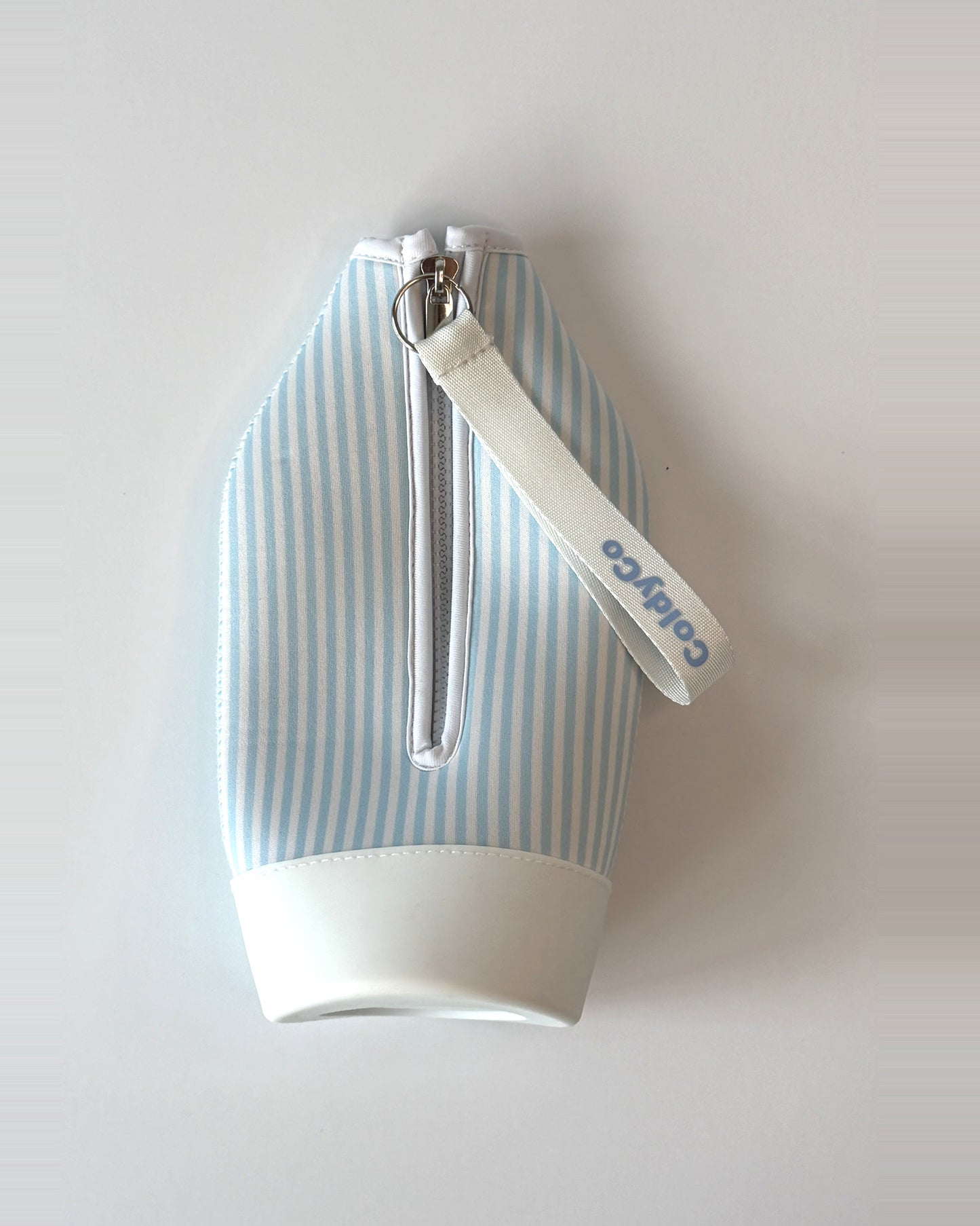 ColdyCo Sky Blue Stripe carrier laid flat, showing the full-length zip and white base