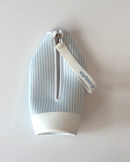 ColdyCo Sky Blue Stripe carrier laid flat, showing the full-length zip and white base