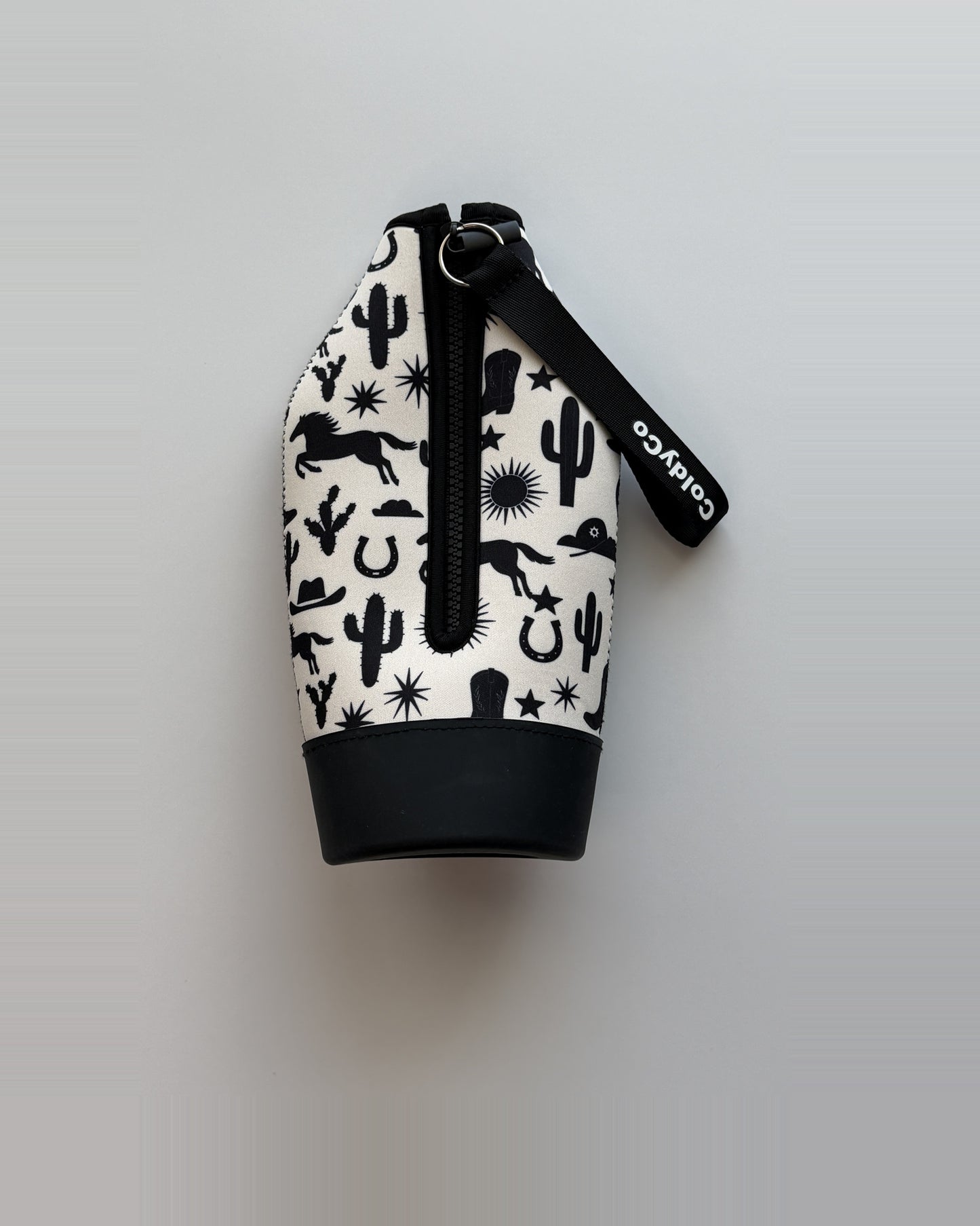 ColdyCo Western Print carrier laid flat, showing the full-length zip and rubber base