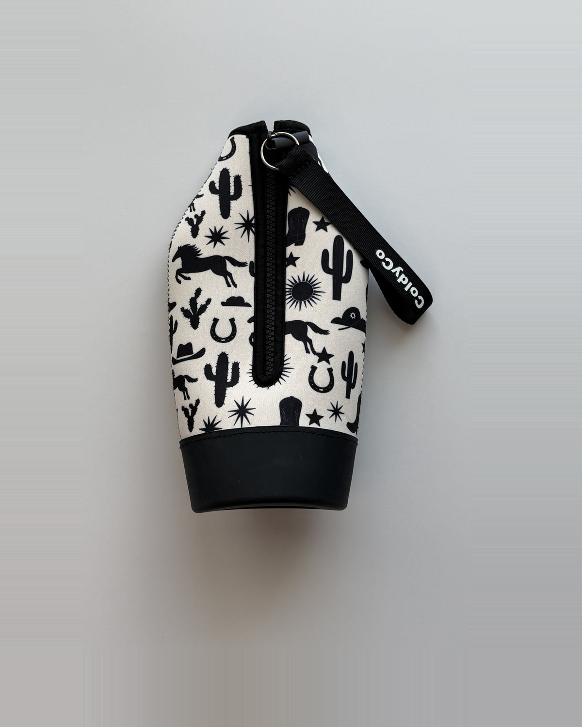 ColdyCo Western Print carrier laid flat, showing the full-length zip and rubber base